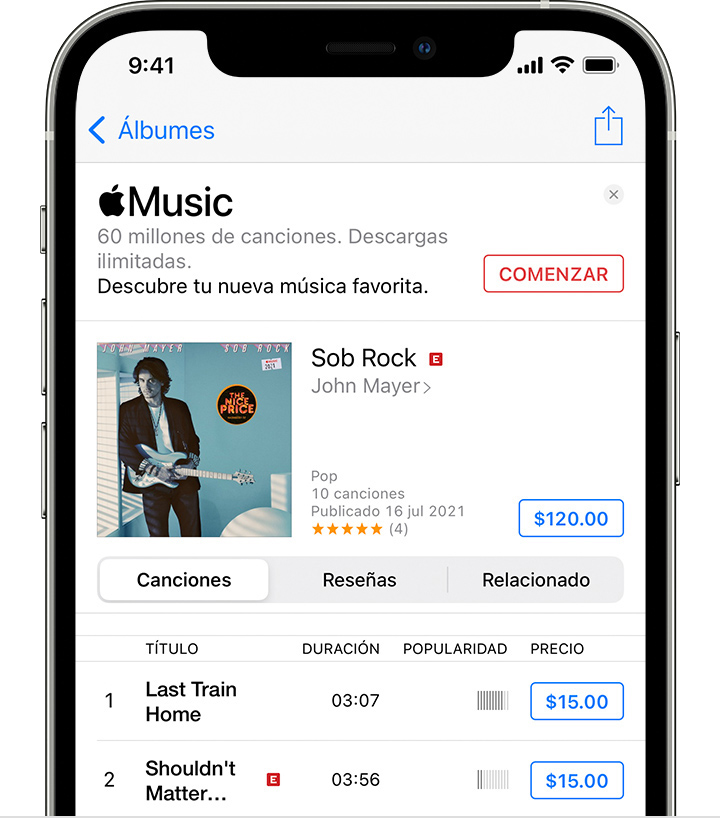 iPhone en el que se muestra una canción para comprar en iTunes Store