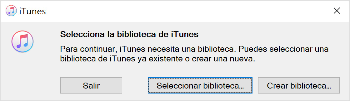Mensaje de iTunes en el que se muestra la opción Seleccionar biblioteca marcada