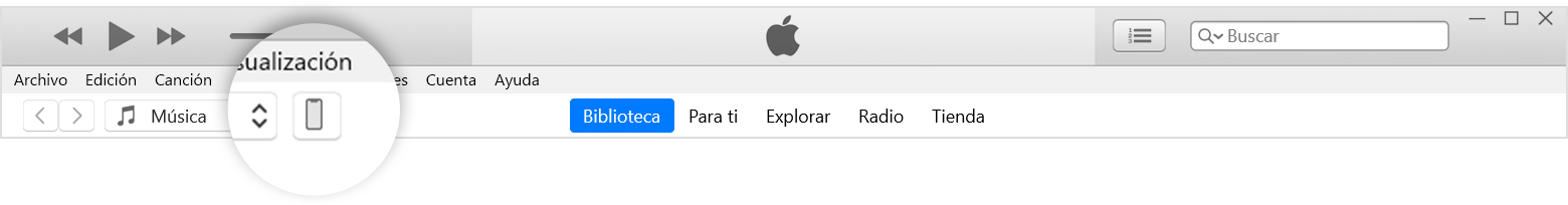 La barra de menú de iTunes con el botón del dispositivo ampliado.