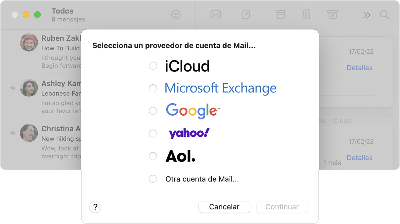 Opciones de elegir un proveedor de cuenta de Mail