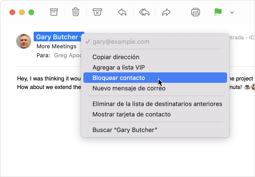 Menú del remitente de Mail en macOS con la opción Bloquear contacto seleccionada
