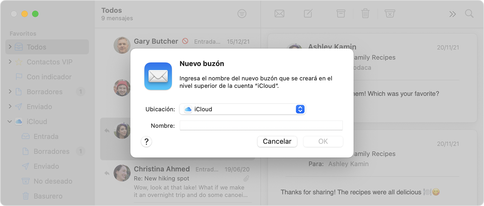 Opciones de Nuevo buzón de Mail en macOS