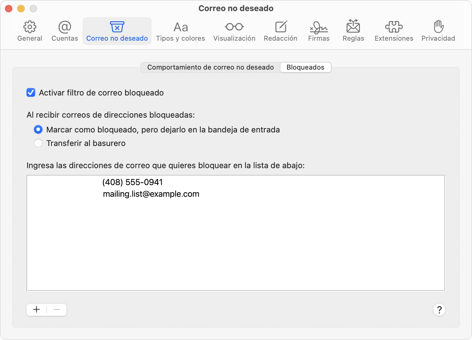 Preferencias de Mail en macOS: Correo no deseado