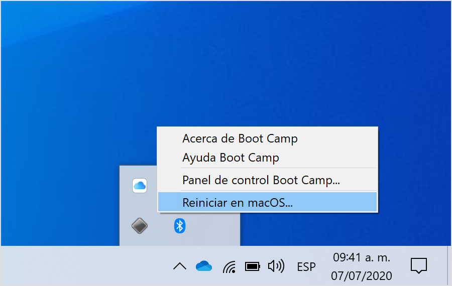 Menú de Boot Camp en Windows 10