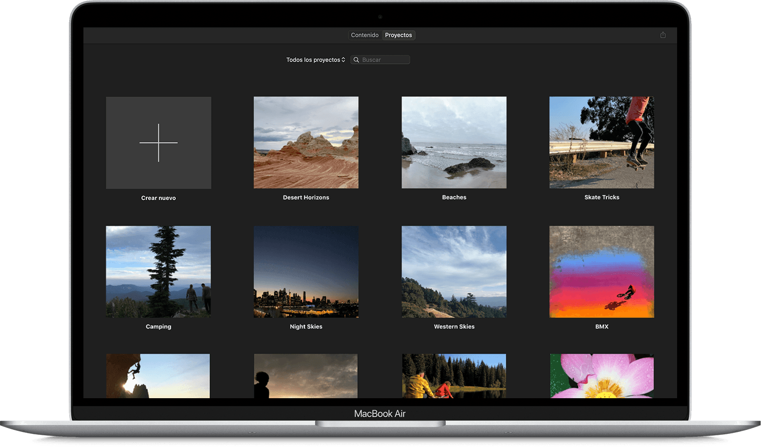 Pantalla de la galería de proyectos de iMovie en la Mac