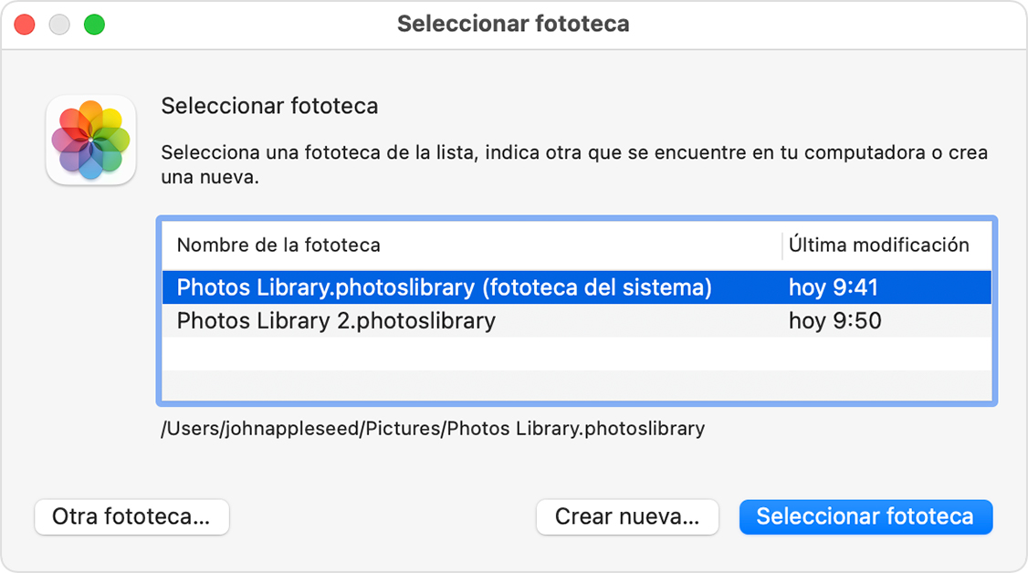 Ventana Seleccionar fototeca de la app Fotos en macOS