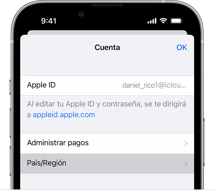 iPhone en el que se muestra País/Región en Configuración de la cuenta.