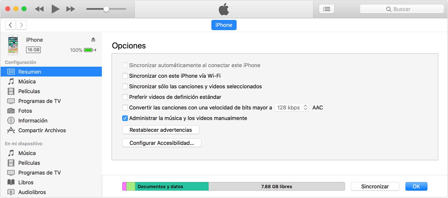 Administrar contenido manualmente en tu iPhone, iPad o 