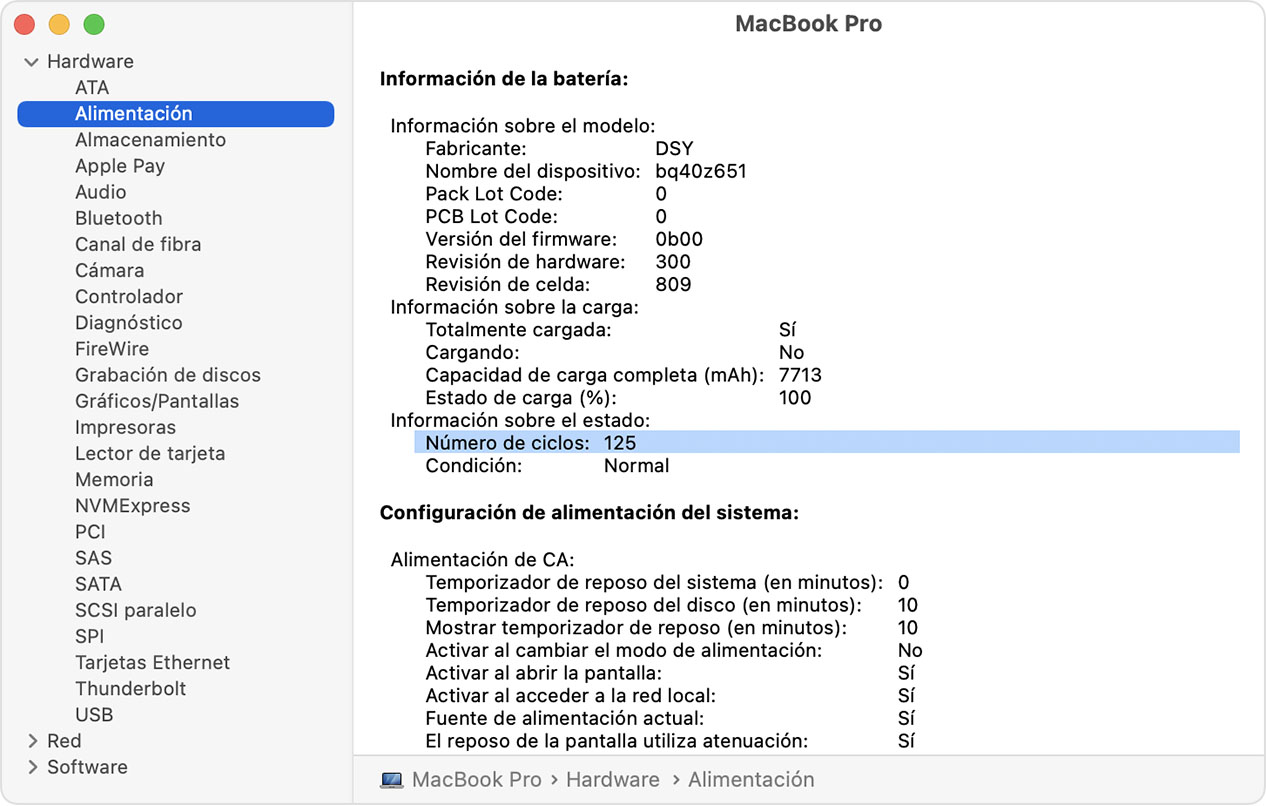 Ventana de información del sistema de la MacBook Pro con el número de ciclos de la batería resaltado