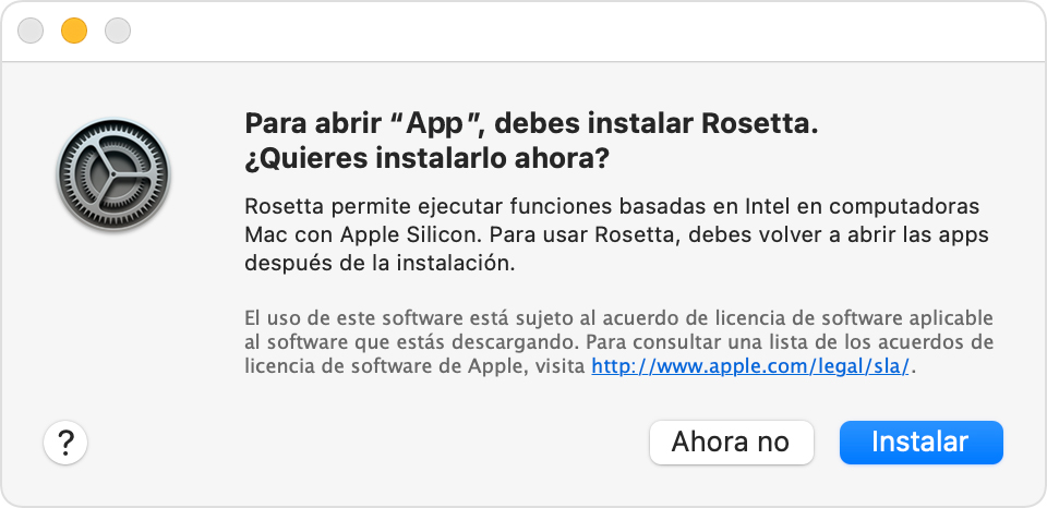 Alerta: Para abrir la app, debes instalar Rosetta. ¿Quieres hacer la instalación ahora?