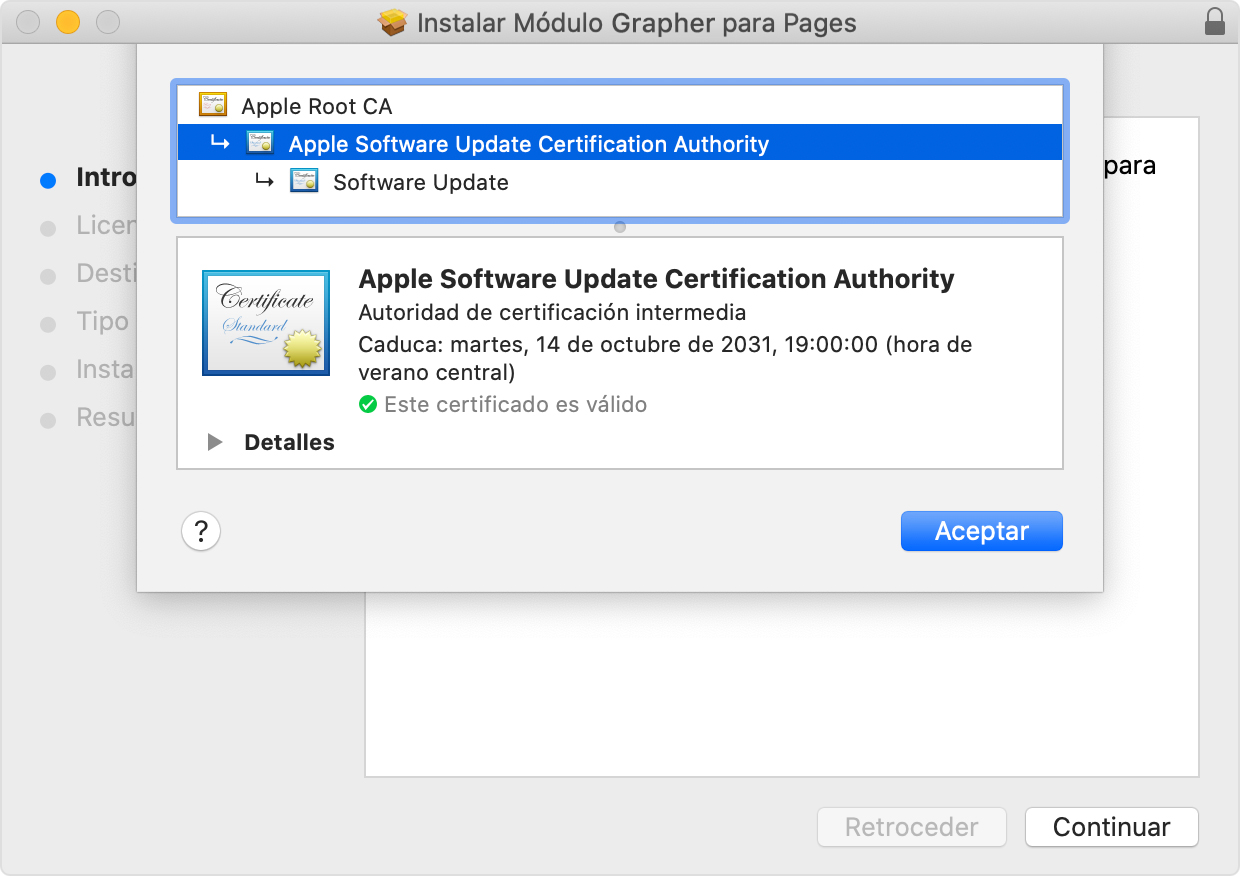Ventana del instalador en el que se muestra la opción Autoridad certificadora de actualización de software de Apple seleccionada