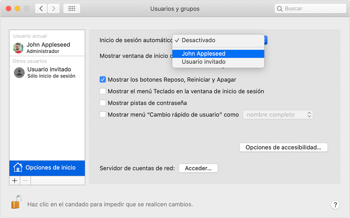 Configurar la Mac para que inicie sesión de forma automática durante el  arranque - Soporte técnico de Apple (CO)