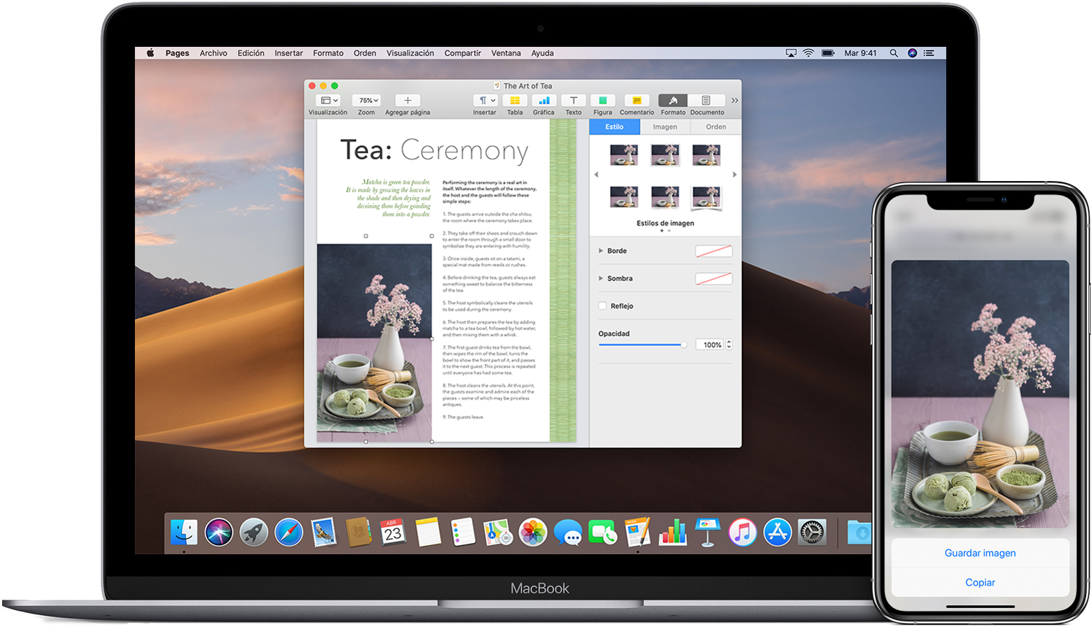 Un iPhone en el que se muestra una imagen con la opción para copiar, junto con una MacBook con un documento de Pages abierto que contiene la misma imagen.