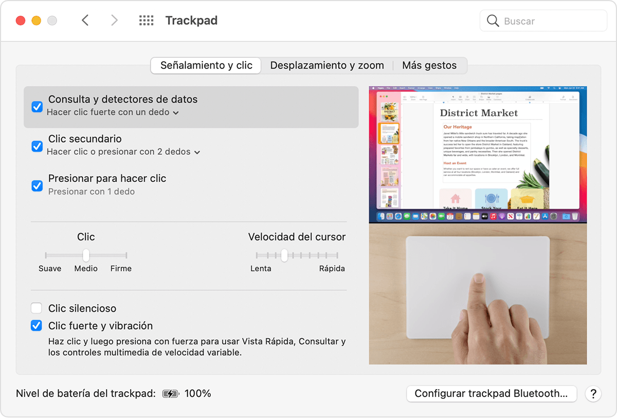 Ventana del panel de preferencias Trackpad de macOS