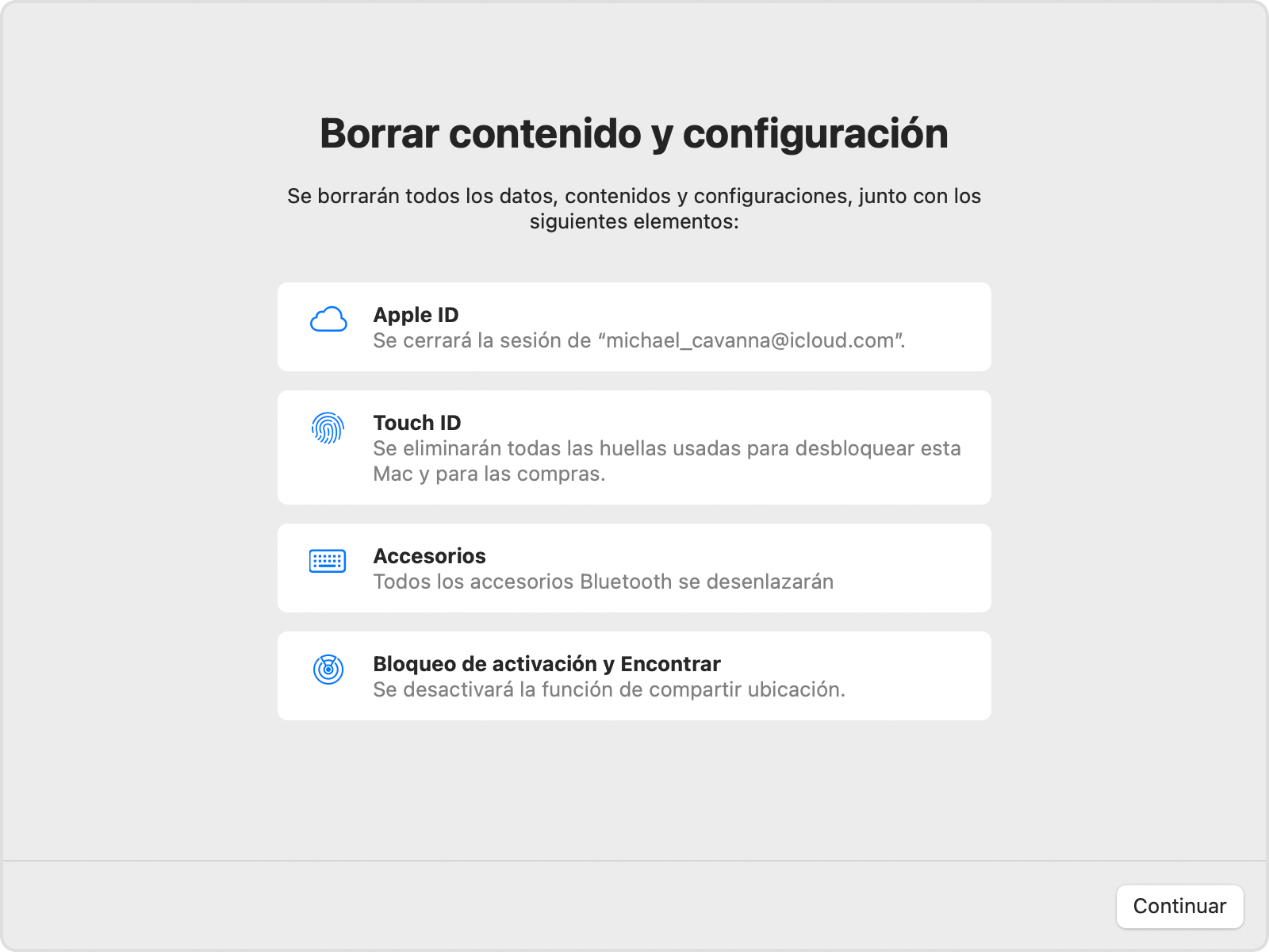 Ventana de Borrar contenido y configuración de macOS en la que se muestran los elementos que se eliminarán