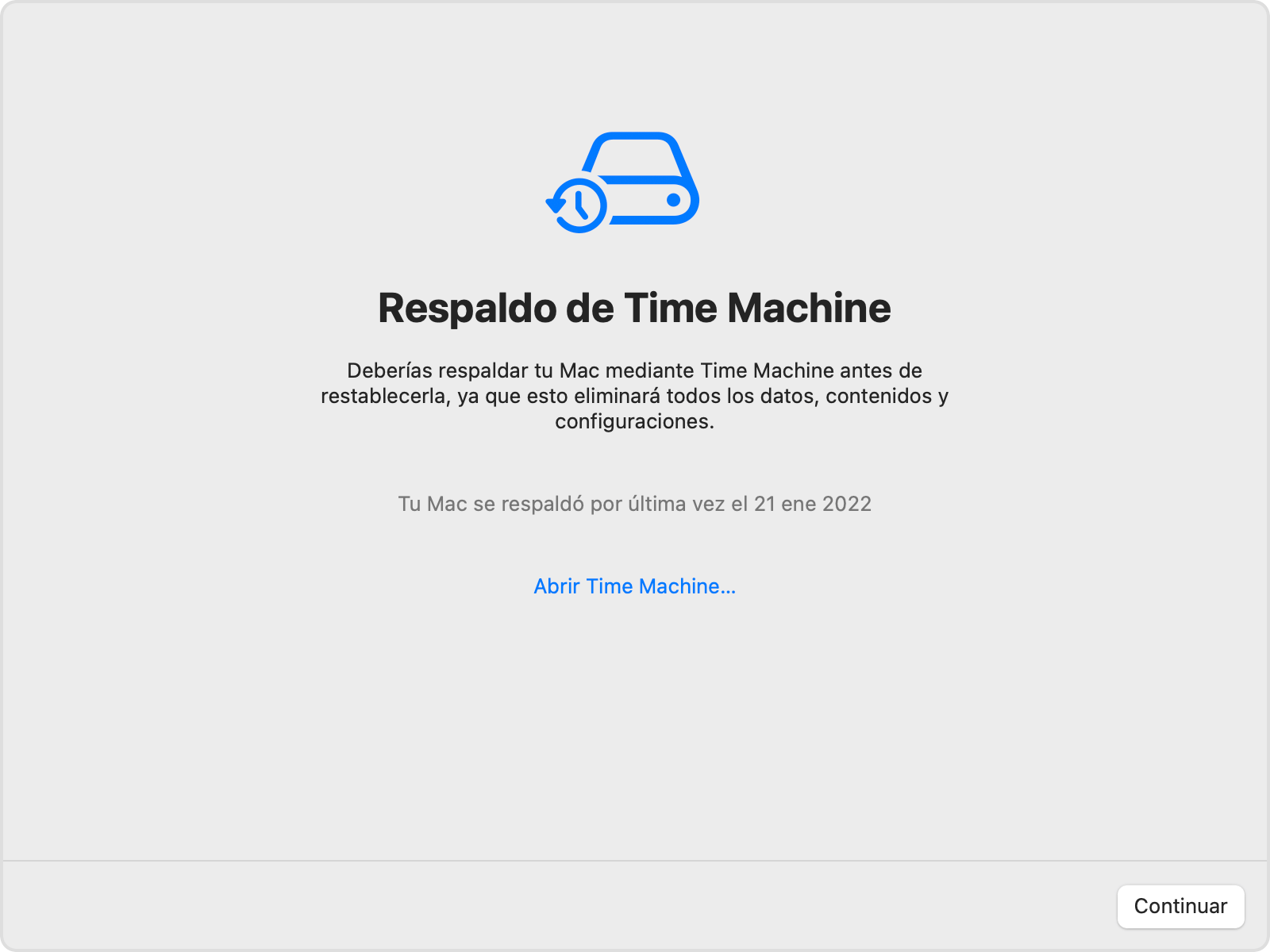 Ventana de Respaldo de Time Machine dentro de Borrar contenido y configuración de macOS