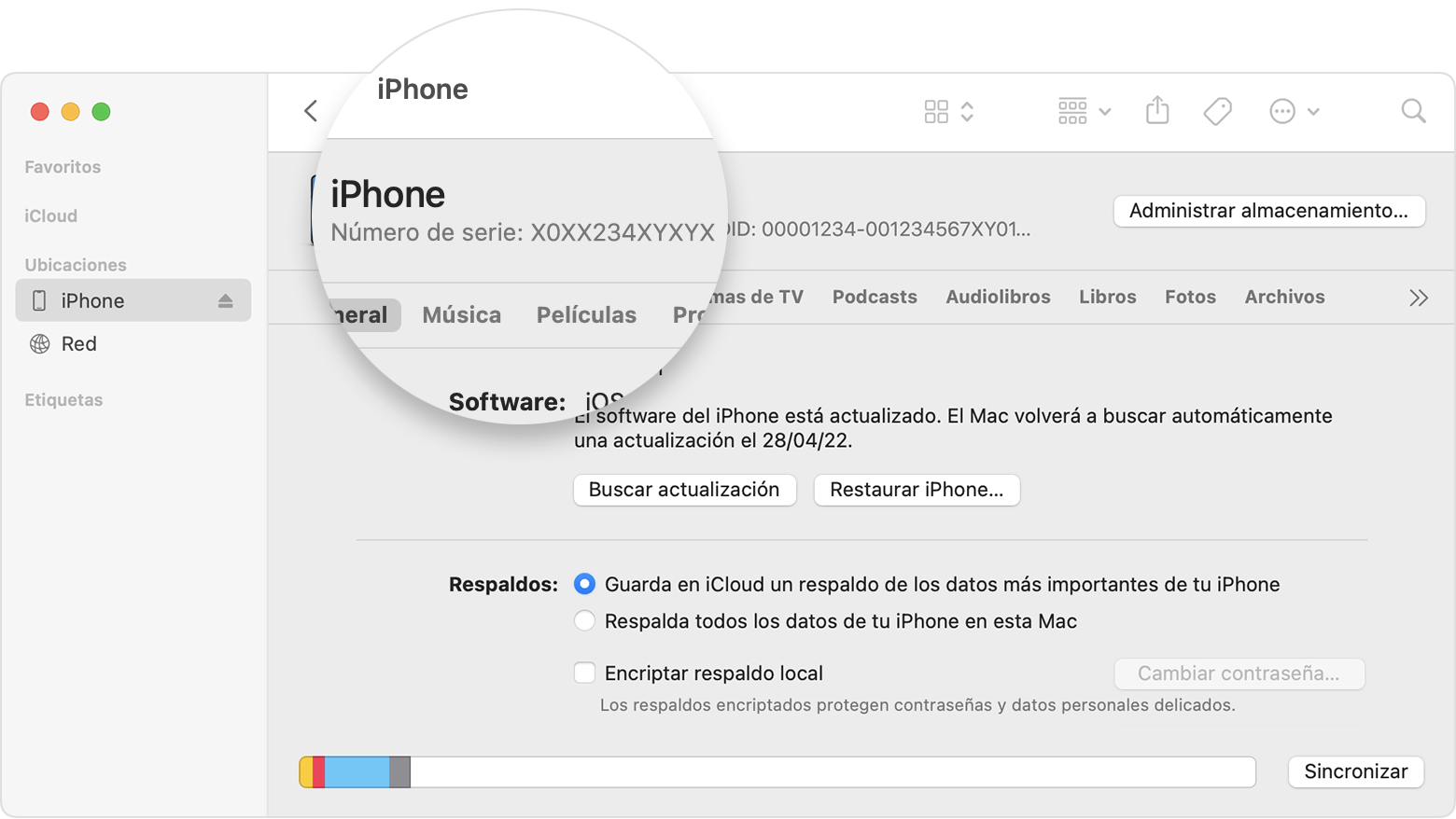 Captura de pantalla de la ventana del Finder en la que se muestra el número de serie del iPhone