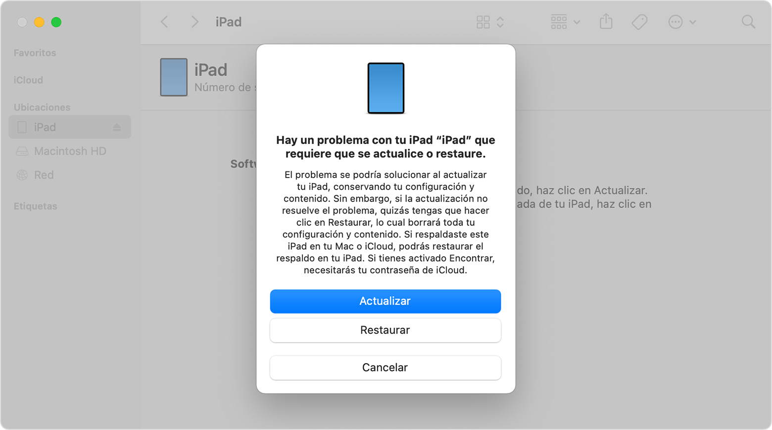 Una ventana del Finder en la que se muestra un mensaje con la opción de actualizar o restaurar el iPad. Está seleccionada la opción de actualizar.