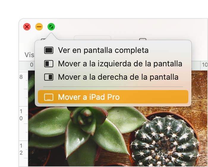 Documento con el menú de botones de pantalla completa y la opción Mover al iPad seleccionada