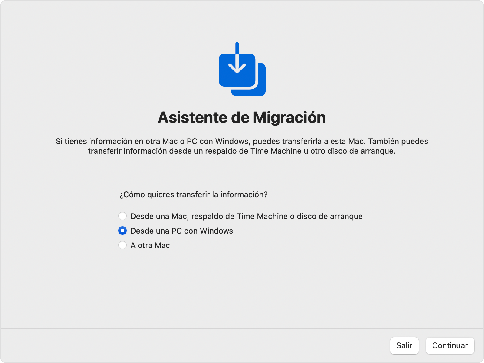 Transferencia del Asistente de Migración desde una PC con Windows