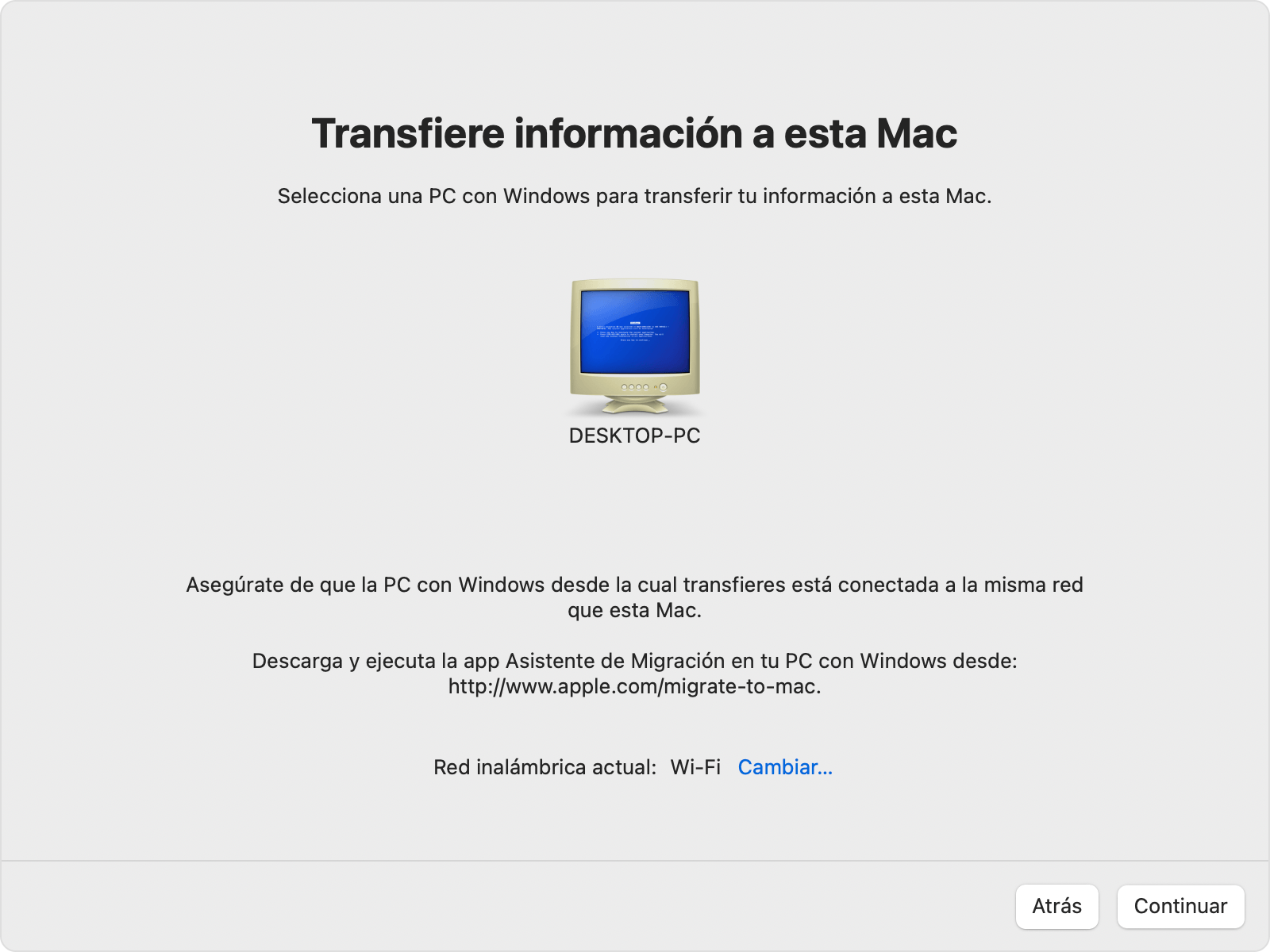 Transferencia del Asistente de Migración a esta Mac