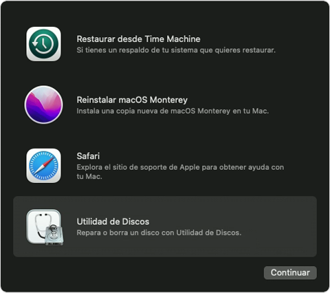Opciones de Recuperación de macOS con Utilidad de Discos seleccionada