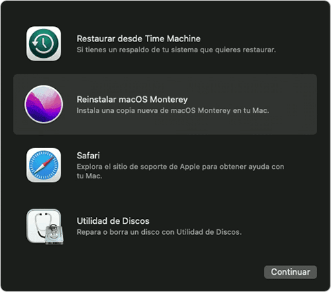 Opciones de Recuperación de macOS con la opción Reinstalar macOS Monterey seleccionada