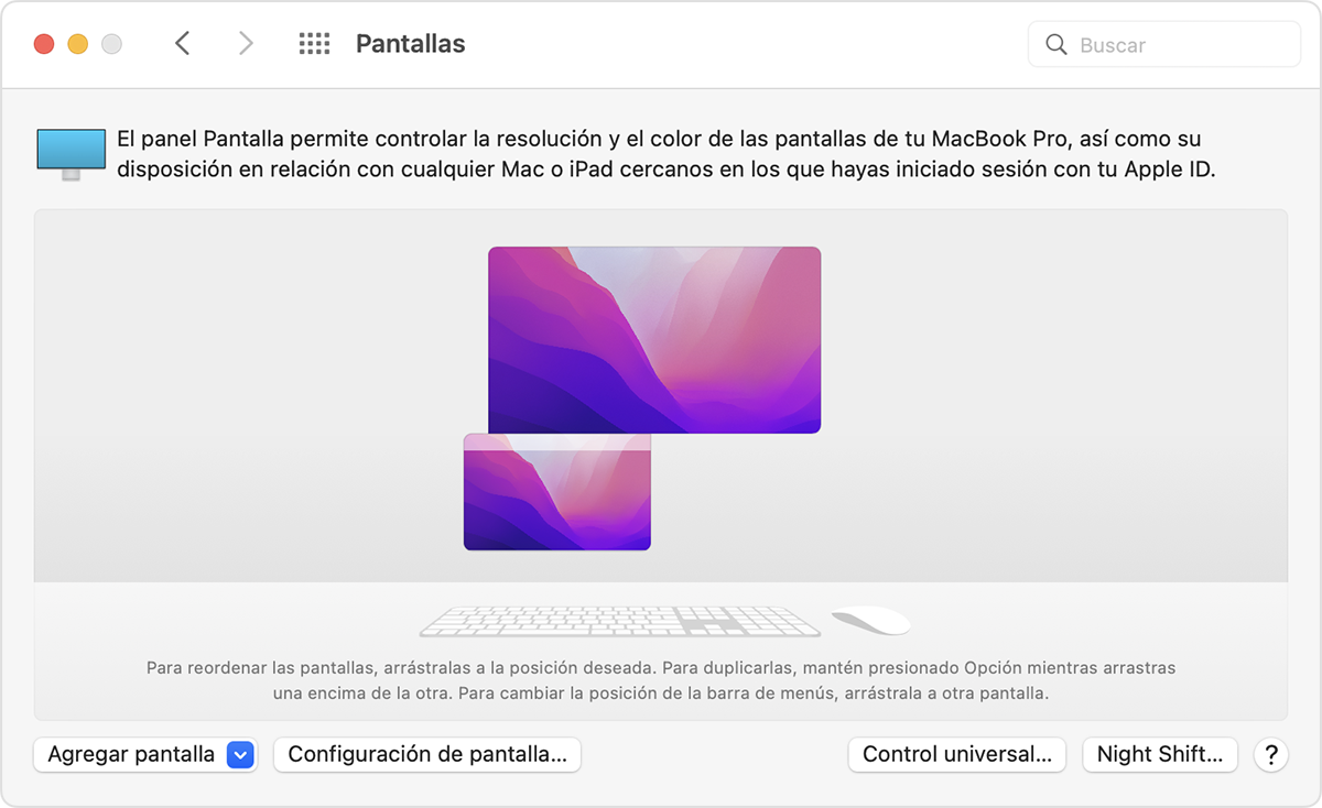 Configuración de pantalla externa de macOS en Pantallas, en Preferencias del Sistema