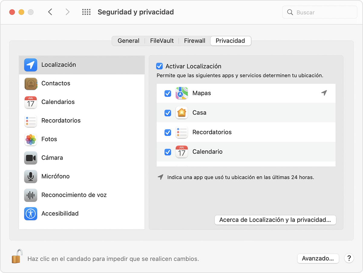 La opción de Localización dentro de la configuración de Seguridad y privacidad en macOS, con la opción Activar Localización seleccionada.