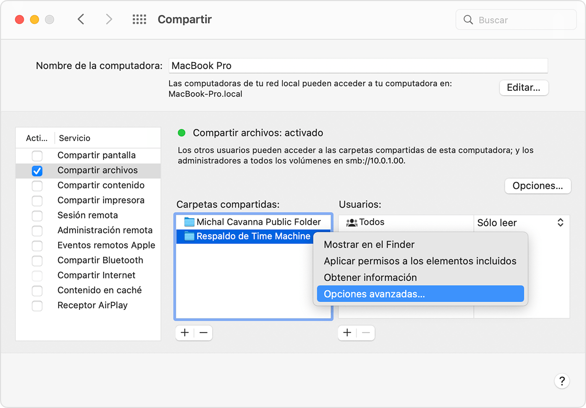 Opciones de Carpetas compartidas en Preferencias del Sistema para compartir en macOS