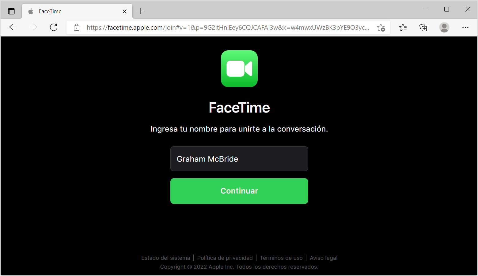 Ventana del navegador con la página de FaceTime: escribe tu nombre