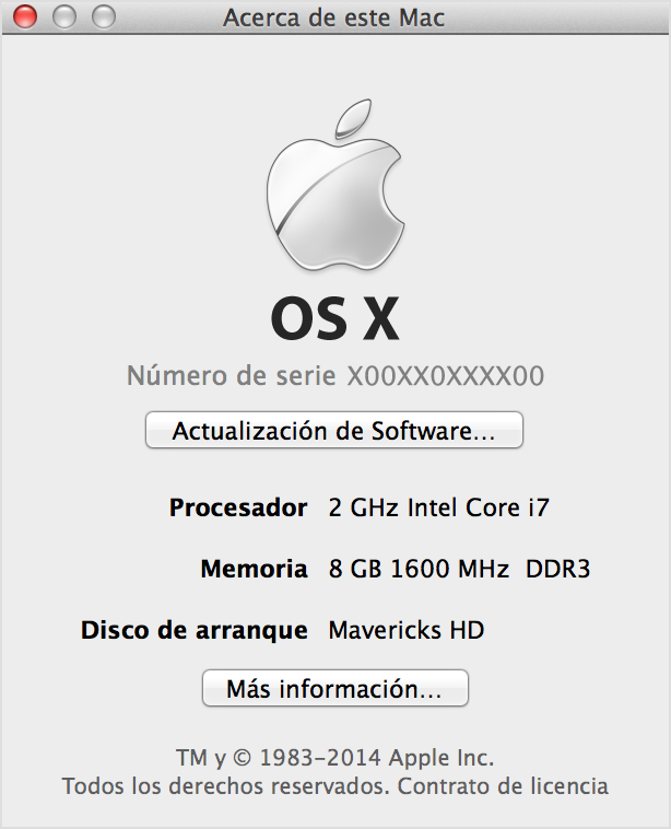 Ventana Acerca de esta Mac en OS X Mavericks