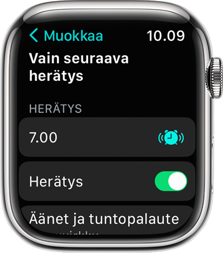 Apple Watchin näyttö, jossa näkyvät Vain seuraava herätys -asetuksen muokkausvalinnat