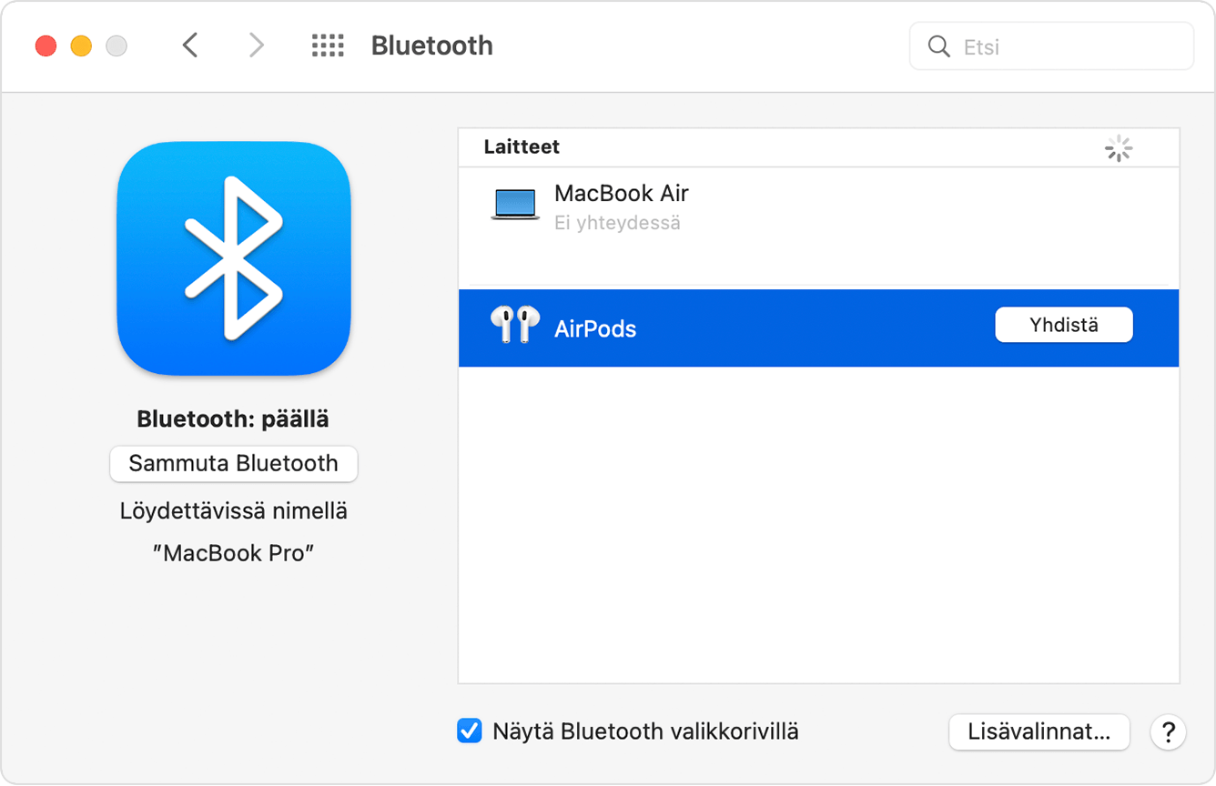 Bluetooth-asetukset Macin Järjestelmäasetukset-kohdassa