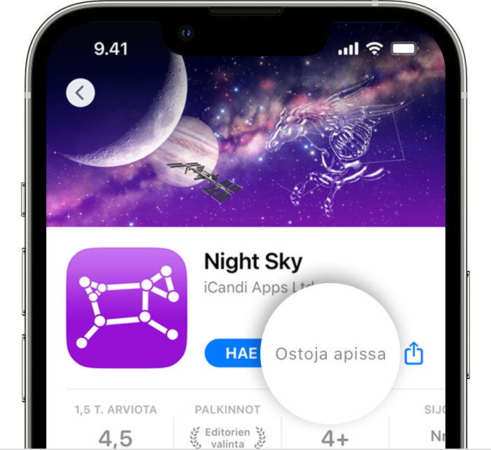 iPhone, jossa näkyy appi App Storessa ja Hae-painikkeen vieressä lukee Ostoja apissa.