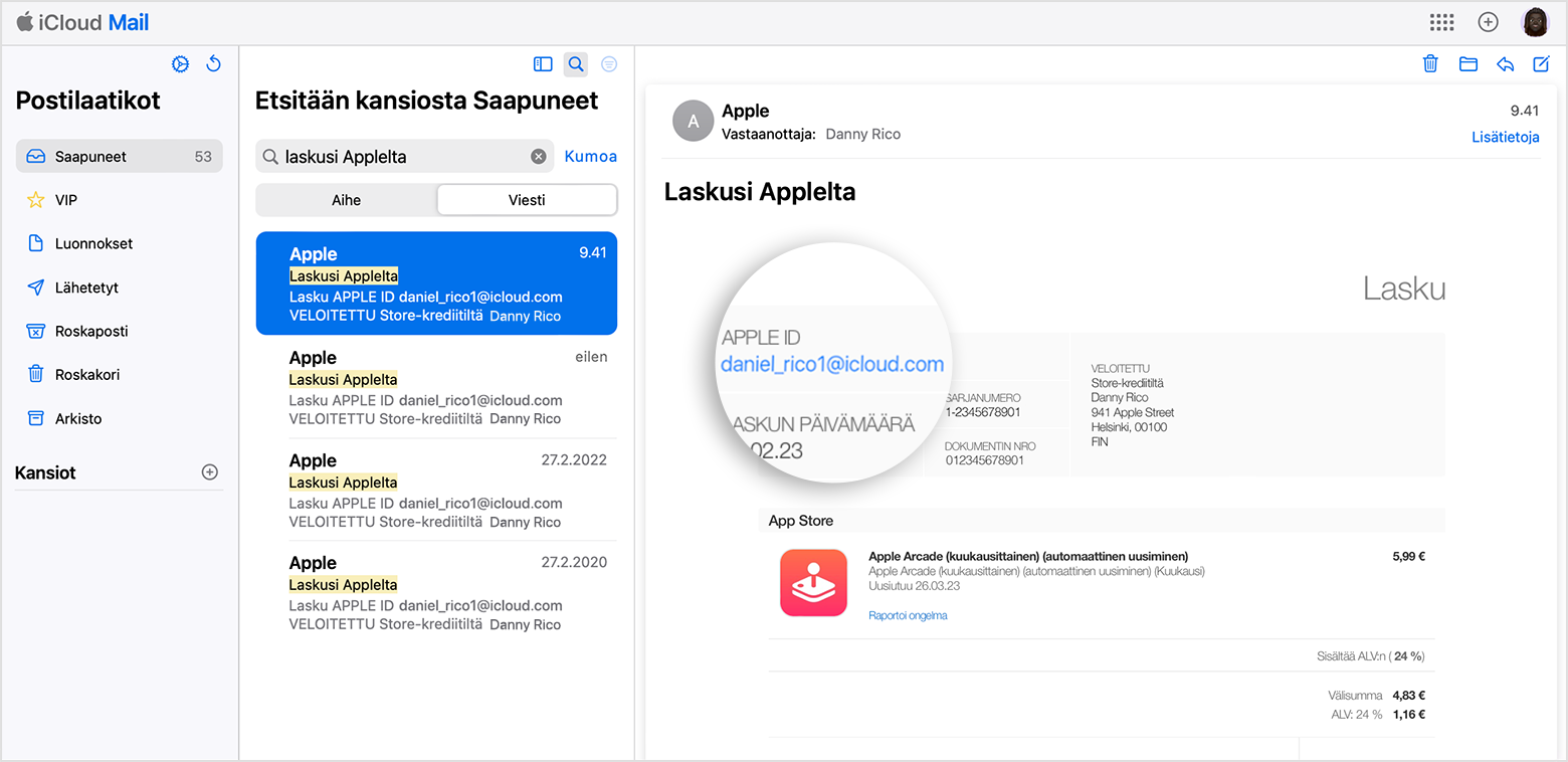 Sähköpostiviesti, jonka sisältämä Applen kuitti sisältää ostoksen tehneen henkilön Apple ID:n.