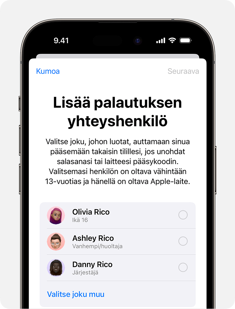 iPhonen näyttö, jossa näkyvät yhteyshenkilöt, jotka käyttäjä voi lisätä palautuksen yhteyshenkilöksi