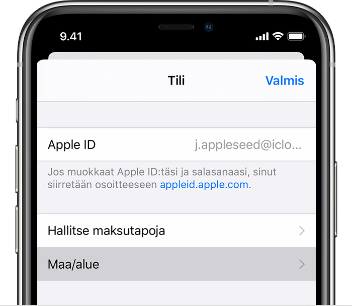 iPhone, jossa näkyy Tiliasetukset-sivu.