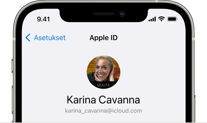 iOS-asetuksissa näet Apple ID:n sähköpostiosoitteen oman nimesi alapuolelta.