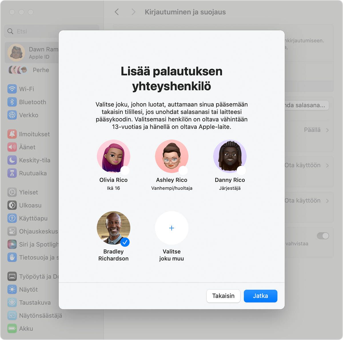 Macin näyttö, jossa näkyvät yhteyshenkilöt, jotka käyttäjä voi lisätä palautuksen yhteyshenkilöksi