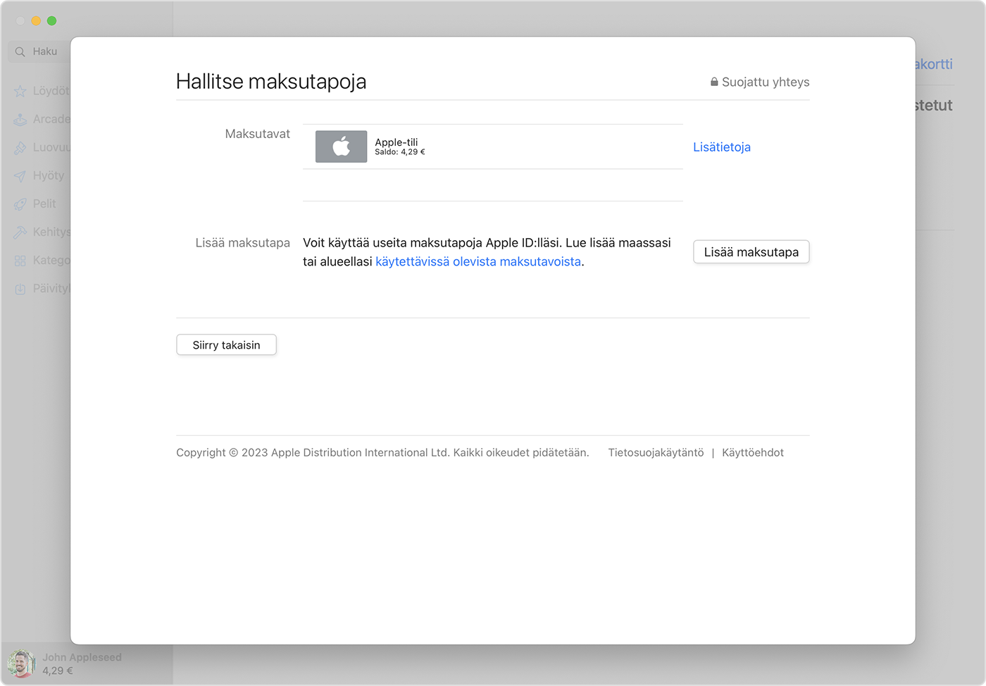Lisää maksu ‑painike näkyy Macissa maksutapojen luettelon alla.