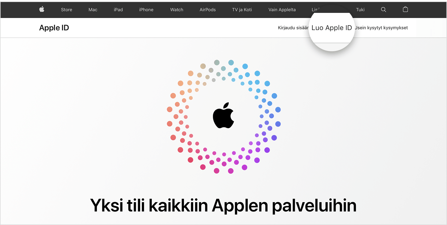 Näyttökuva appleid.apple.com-sivustosta, jolla näkyy näytön keskellä Applen logo ja sitä ympäröivät samankeskiset värilliset ympyrät.