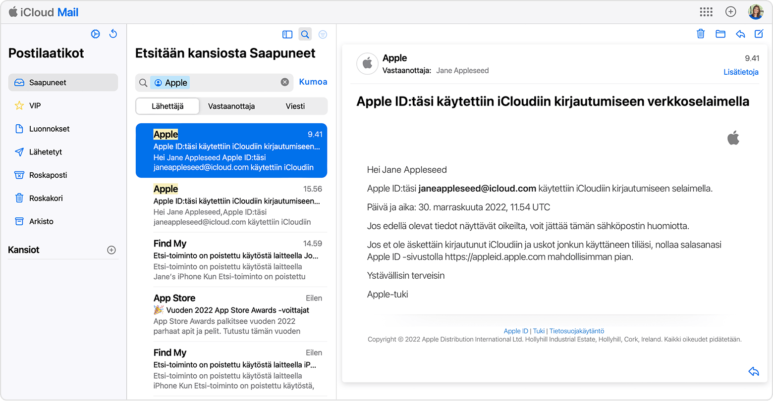 Apple ID -sähköpostiosoitteen selvittäminen Applen lähettämistä sähköposteista