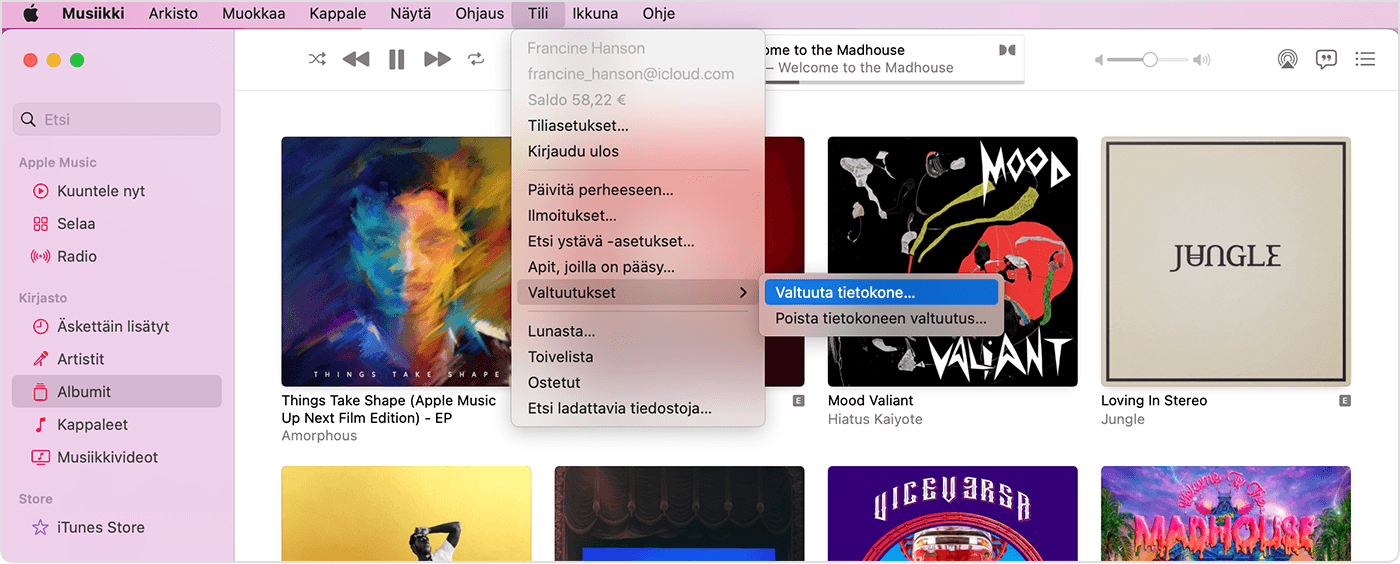 Tietokoneen valtuuttaminen iTunes Storesta ostettujen sisältöjen  toistamista varten ja valtuutuksen poistaminen - Apple-tuki (FI)