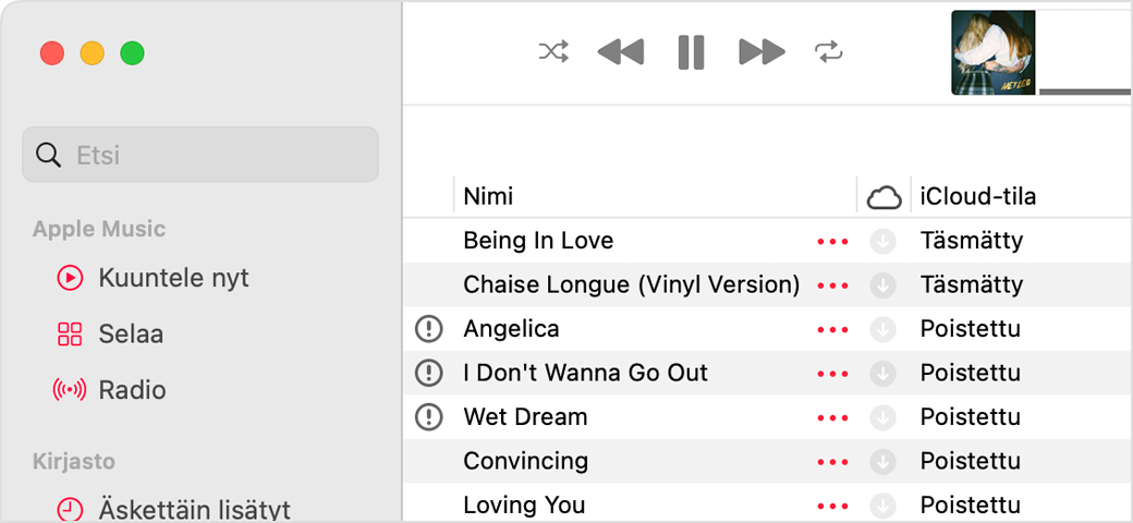 Apple Music -appi, jossa näkyy kappaleiden vieressä pilvitilat