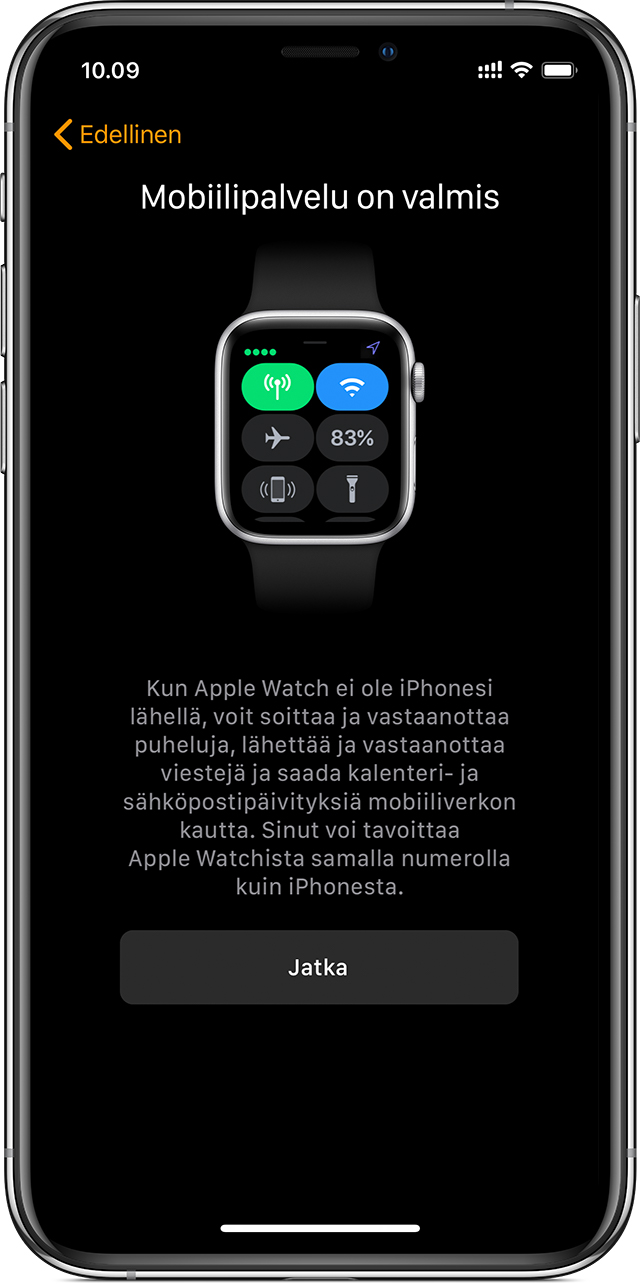 iPhonen mobiiliyhteyden määritysnäyttö, jossa näkyy, että mobiiliyhteys on Apple Watchissa valmiina käyttöön.
