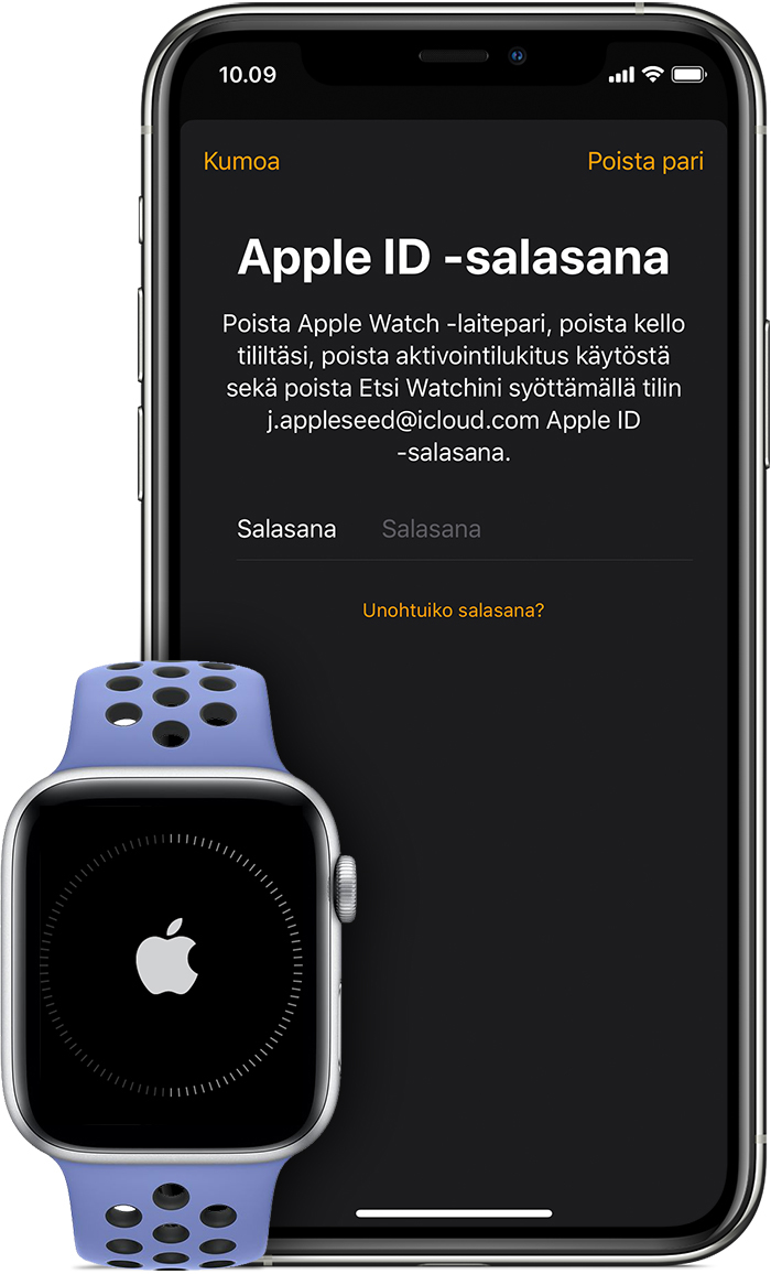 Kehote, jossa pyydetään antamaan Apple ID:n salasana aktivointilukituksen poistamiseksi käytöstä.