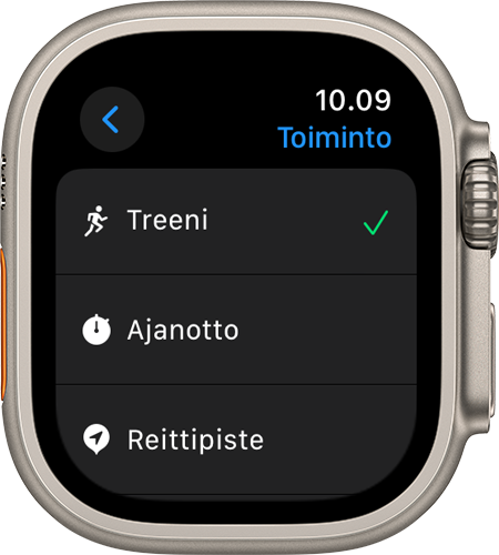 Apple Watch Ultra, jossa näkyy toimintonäyttö ja eri asetuksia