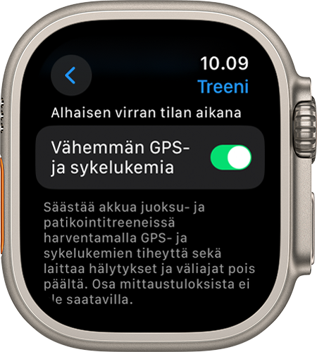 Apple Watchin Treeni-asetusnäyttö, jossa näkyy Vähemmän GPS- ja sykelukemia -asetus