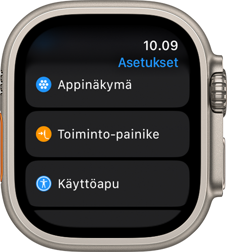 Apple Watch Ultra, jossa näkyy Asetukset-appi